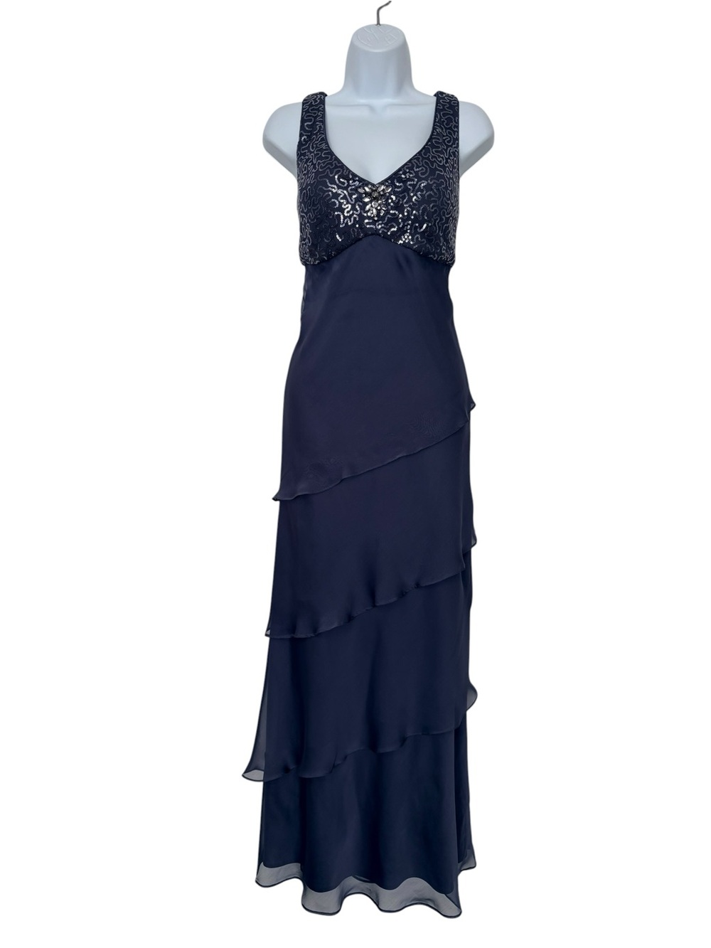 Ignite Evenings Gray Sequin Chiffon Tiered Formal Gown Dress Sz12 Glam Wedding